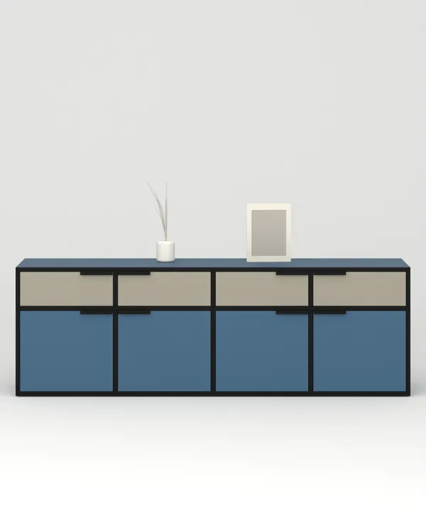Tủ TV 4 cột 2 tầng · màu ván Xanh navy + Xám ấm · nẹp Đen — tủ Phòng khách · TV stand 2.4m