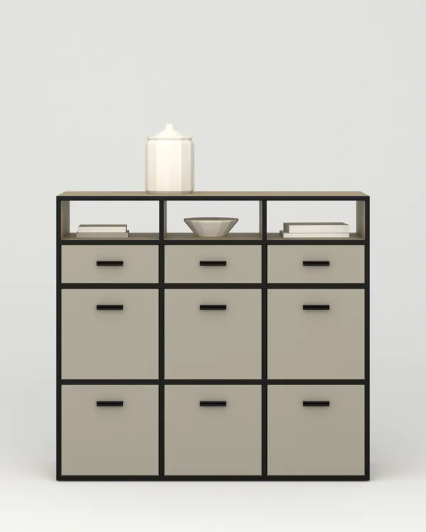 Tủ trang trí 3 cột 4 tầng · màu ván Olive + Xám ấm · nẹp Đen — tủ Phòng khách · 30-50m²